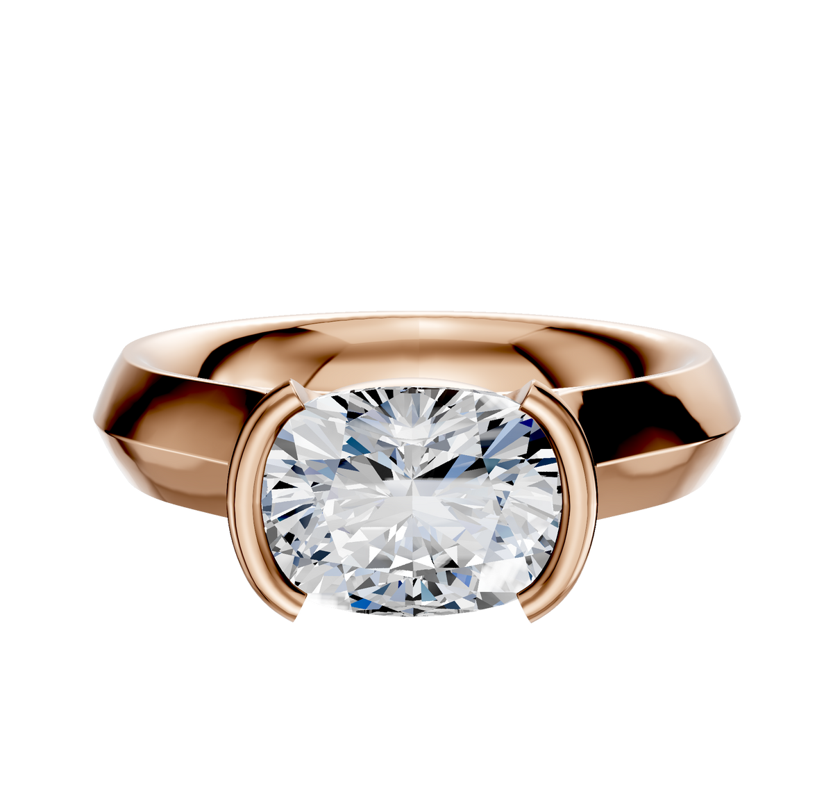 A 14K rose gold engagement ring with a half bezel east/west cathedral knife edge design, featuring a modern setting and displayed against a plain white background.