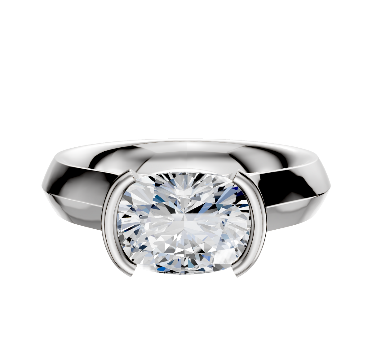 A 14K white gold bezel half bezel east/west cathedral knife edge 4.0mm engagement ring with a modern, minimalist setting displayed against a plain white background.