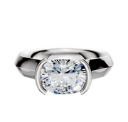 A 14K white gold bezel half bezel east/west cathedral knife edge 4.0mm engagement ring with a modern, minimalist setting displayed against a plain white background.