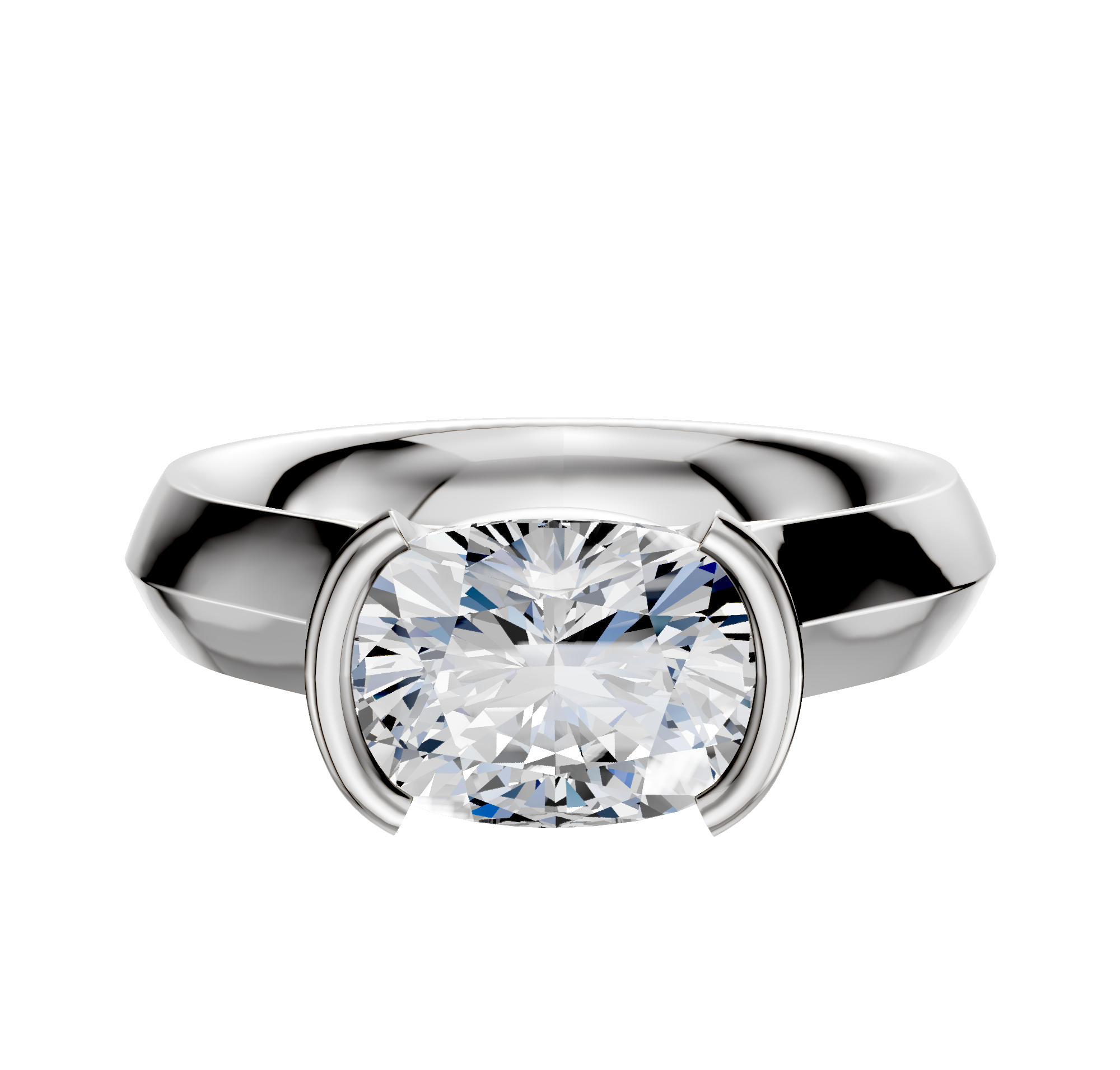 An 18K white gold knife edge engagement ring with a wide band and half bezel east/west cathedral setting, showcasing a 4.0mm cushion-cut clear gemstone, displayed against a plain white background.