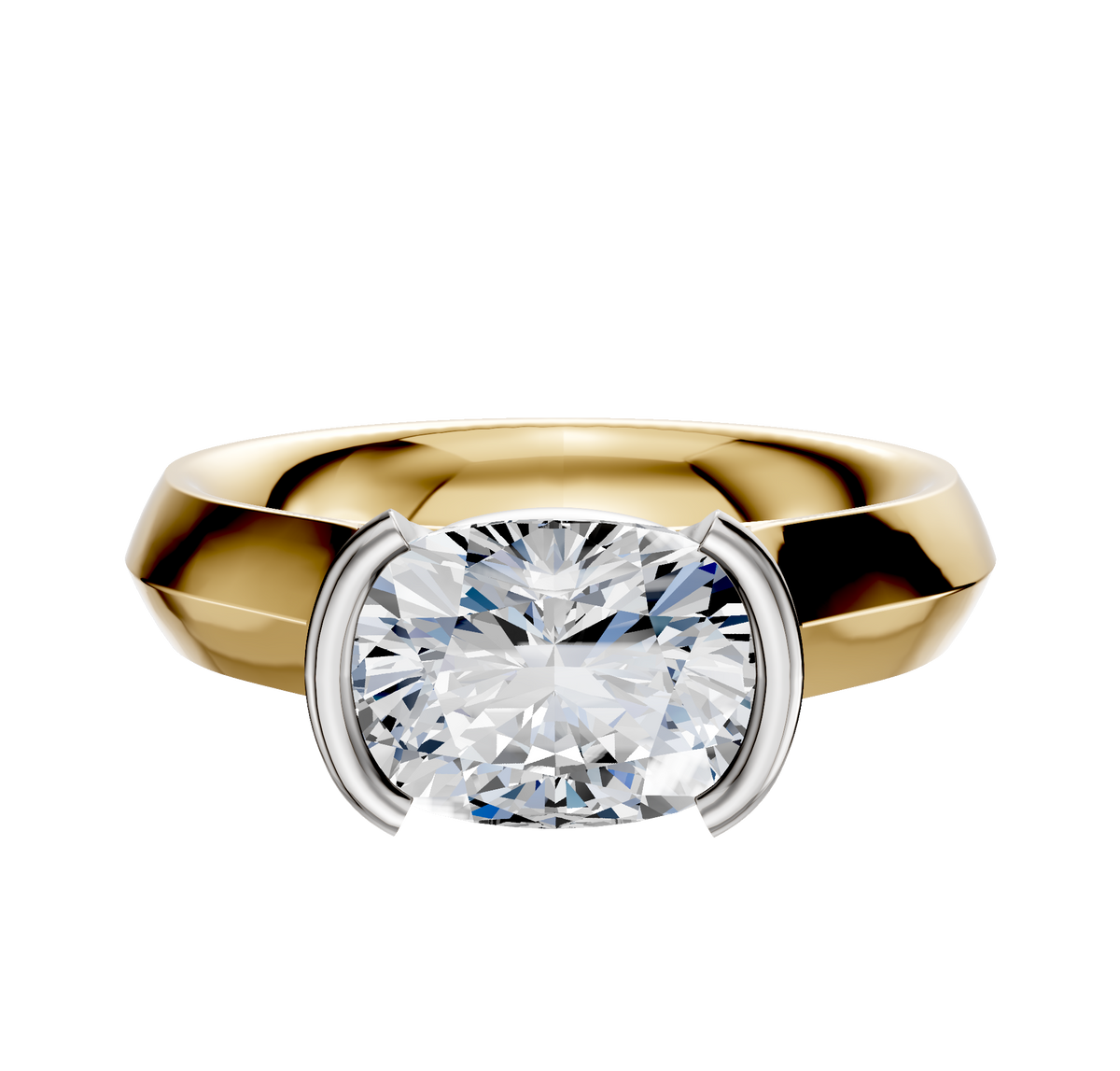 A 14K two-tone engagement ring with a wide knife edge band, featuring a 4.0mm east/west-set center stone in a modern cathedral half-bezel setting.