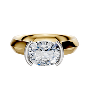 A 14K two-tone engagement ring with a wide knife edge band, featuring a 4.0mm east/west-set center stone in a modern cathedral half-bezel setting.