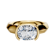 A 14K yellow gold cathedral knife edge engagement ring with a half bezel east/west setting and 4.0mm center stone, shown on a plain white background.