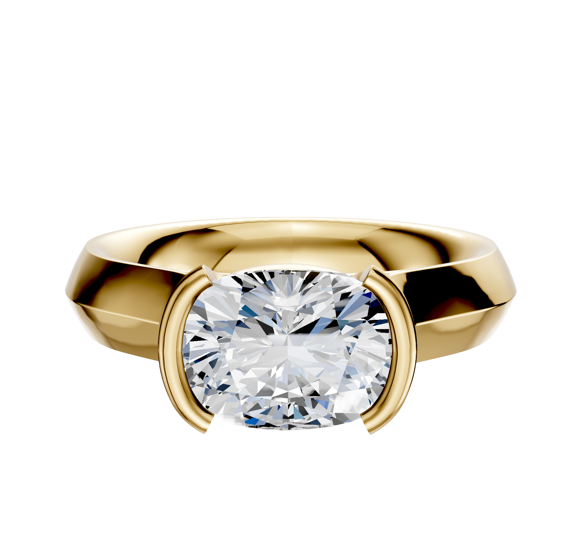 An 18K yellow gold half bezel East/West cathedral knife edge engagement ring with a 4.0mm cushion-cut diamond, shown on a plain white background.