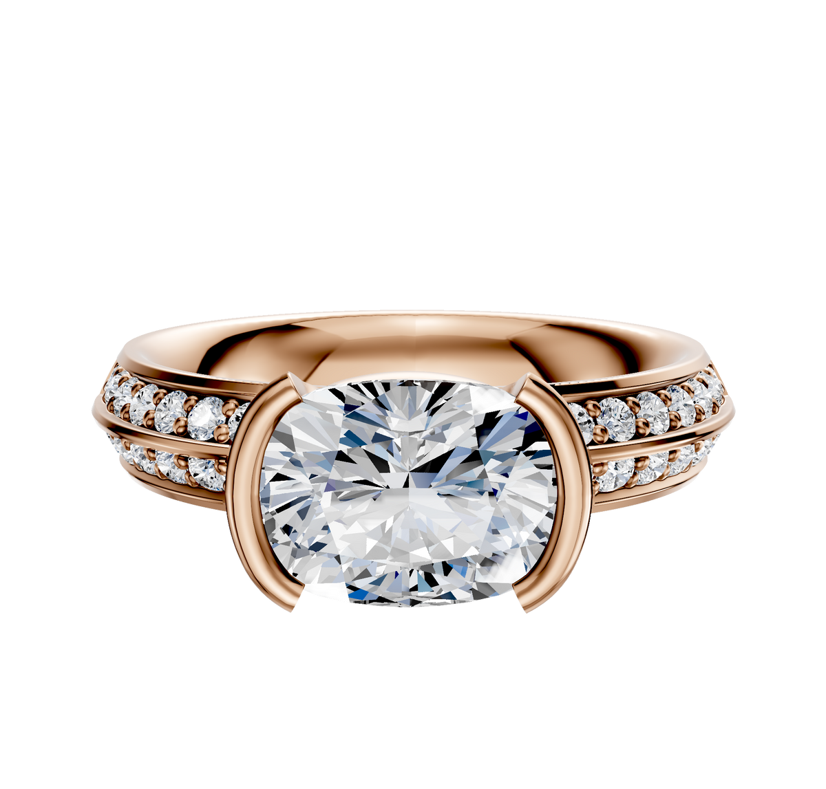 An 18K rose gold engagement ring featuring a classic knife edge, east/west bezel setting for the center stone, and a 2.5mm band adorned with a single row of pavé diamonds on each side.