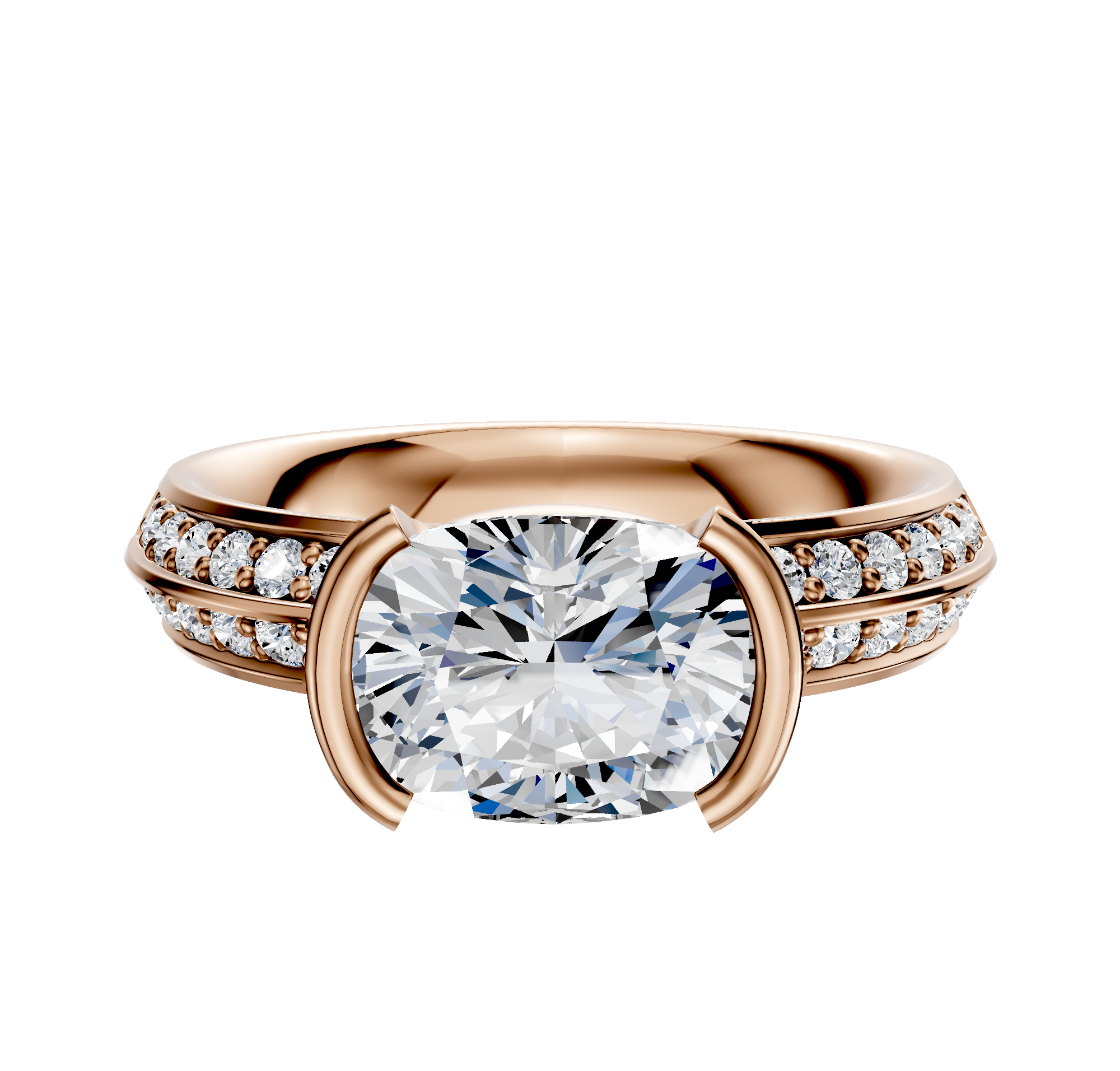 An 18K rose gold engagement ring featuring a classic knife edge, east/west bezel setting for the center stone, and a 2.5mm band adorned with a single row of pavé diamonds on each side.