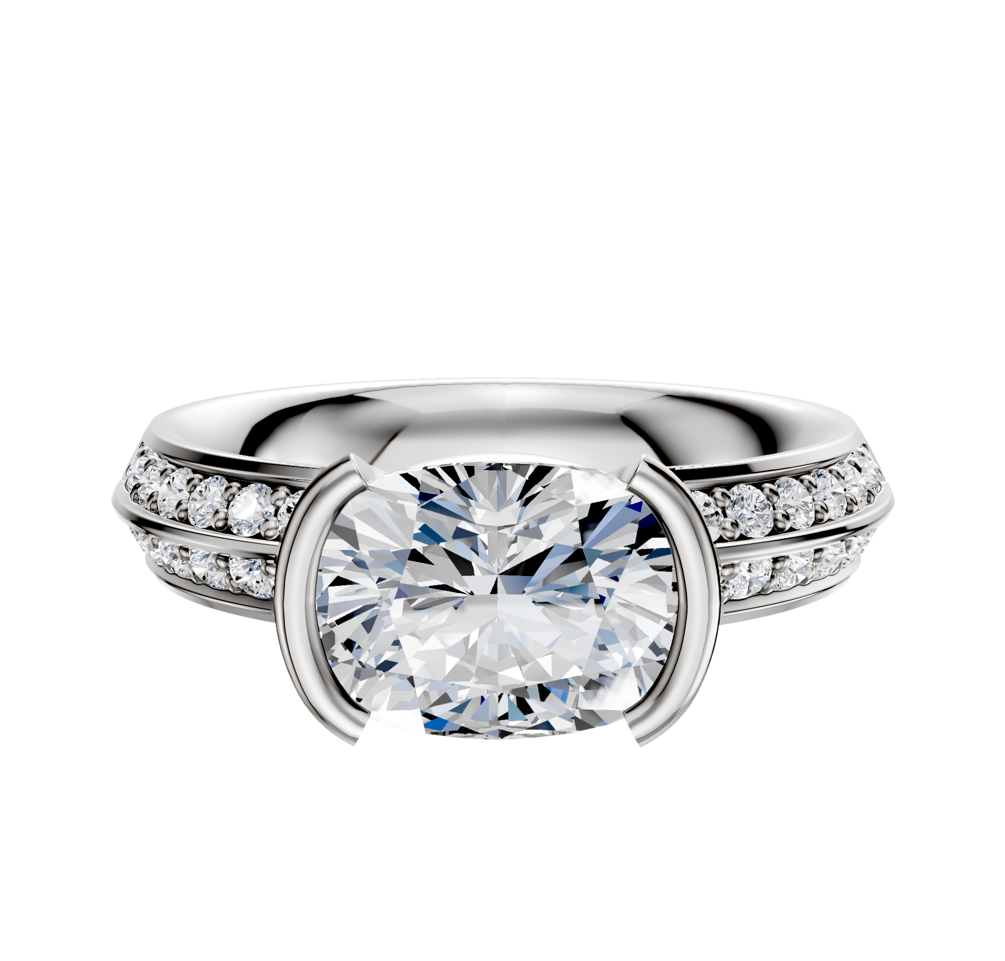 A Platinum Bezel Half Bezel East/West Classic Knife Edge 1-Row-Pave 2.5mm Engagement Ring with a central diamond and a row of smaller pave diamonds on the band, showcased against a plain white background.