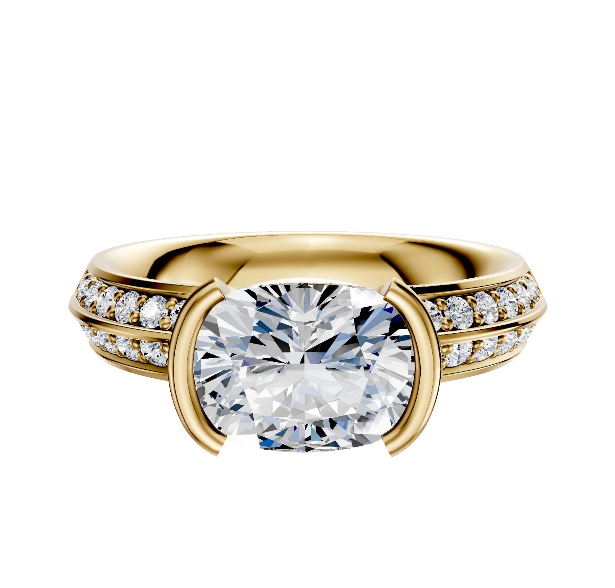 A 14K yellow gold east/west classic knife edge engagement ring featuring a half bezel setting and a single row of pave diamonds along the 2.5mm band.