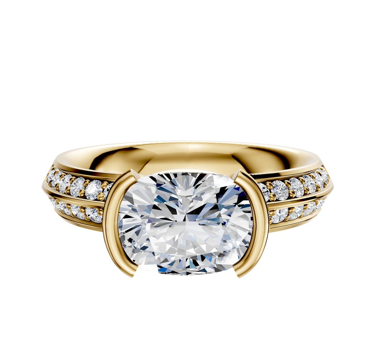 An 18K yellow gold knife edge engagement ring featuring an east/west bezel-set center stone and a 1-row pavé band, measuring 2.5mm wide.