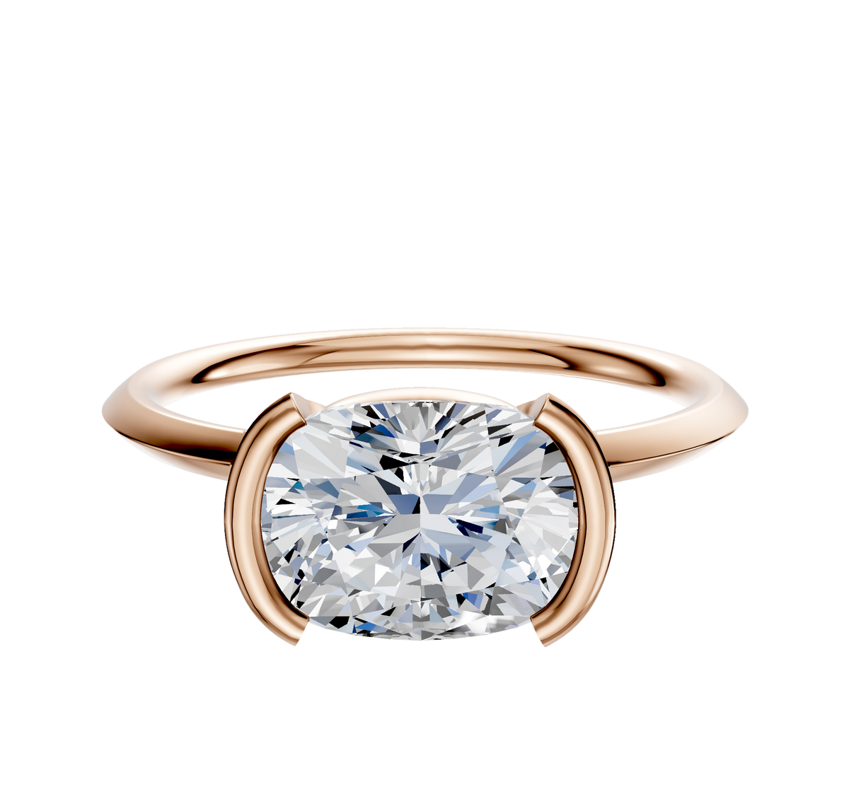 A 14K rose gold engagement ring featuring a bezel half bezel east/west classic knife edge 1.5mm band, displayed against a plain white background.