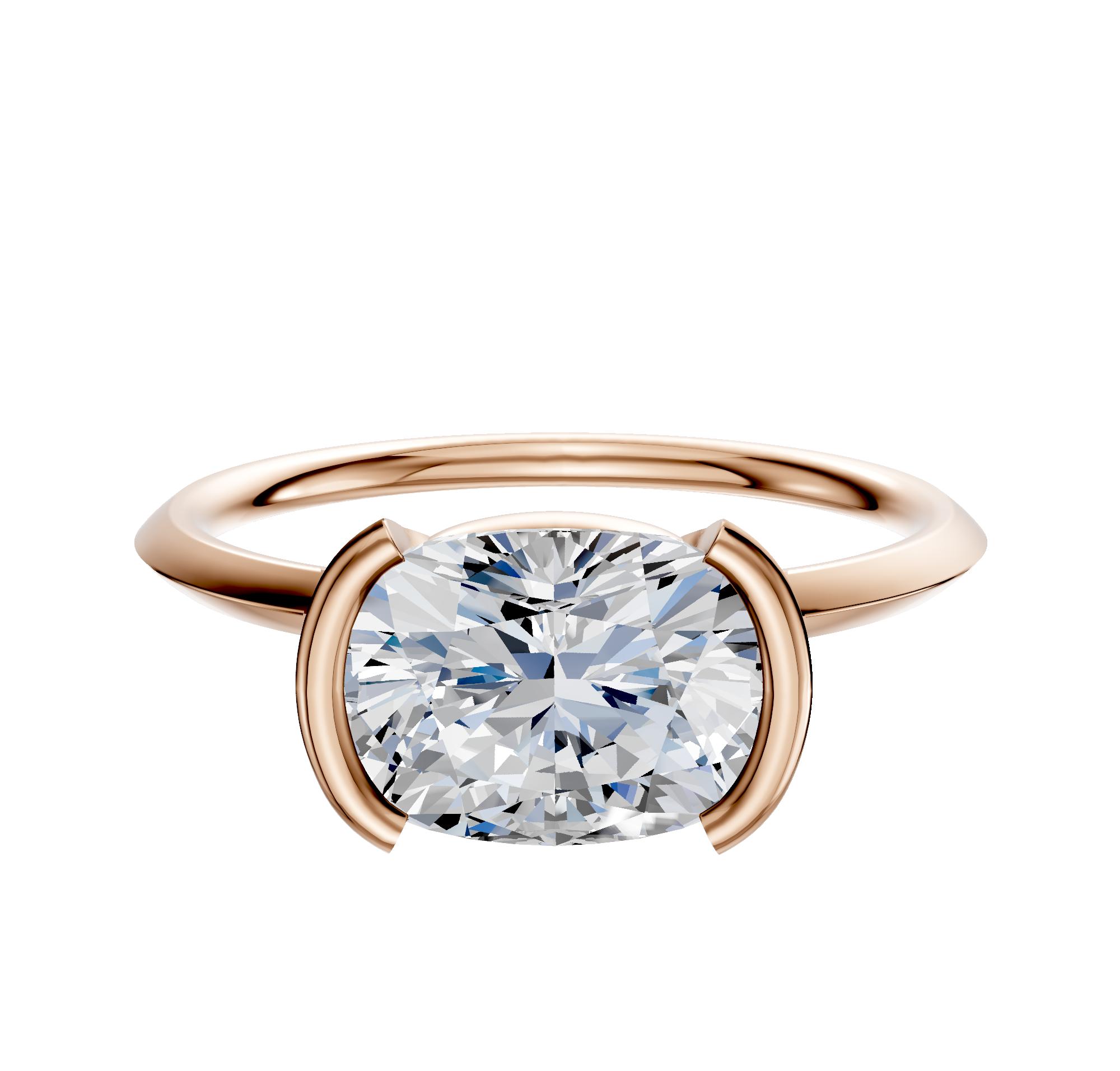 An 18K rose gold engagement ring with a classic knife edge and a 1.5mm band, featuring a half bezel east/west setting, displayed against a plain white background.