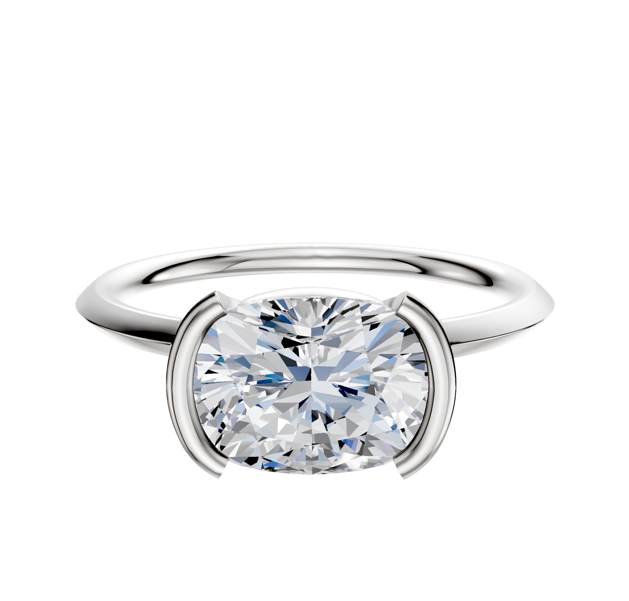 An 18K white gold engagement ring with a classic knife edge and 1.5mm band, featuring a half bezel east/west setting, displayed against a plain white background.