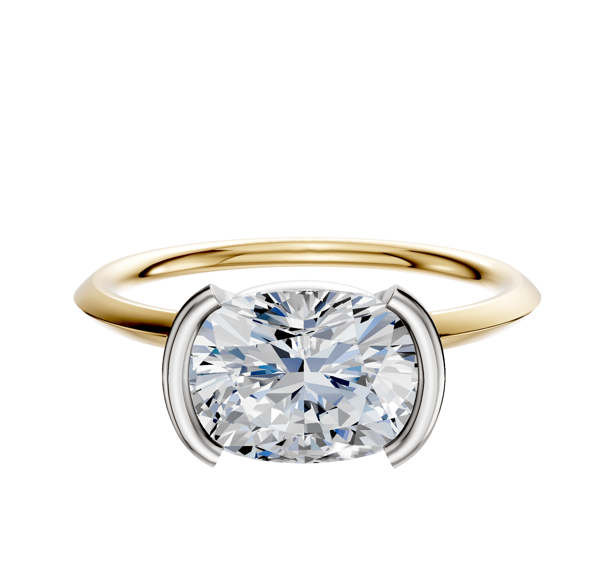 A 14K two-tone bezel half-bezel east/west classic knife edge 1.5mm engagement ring featuring a prominent round diamond in a modern setting.