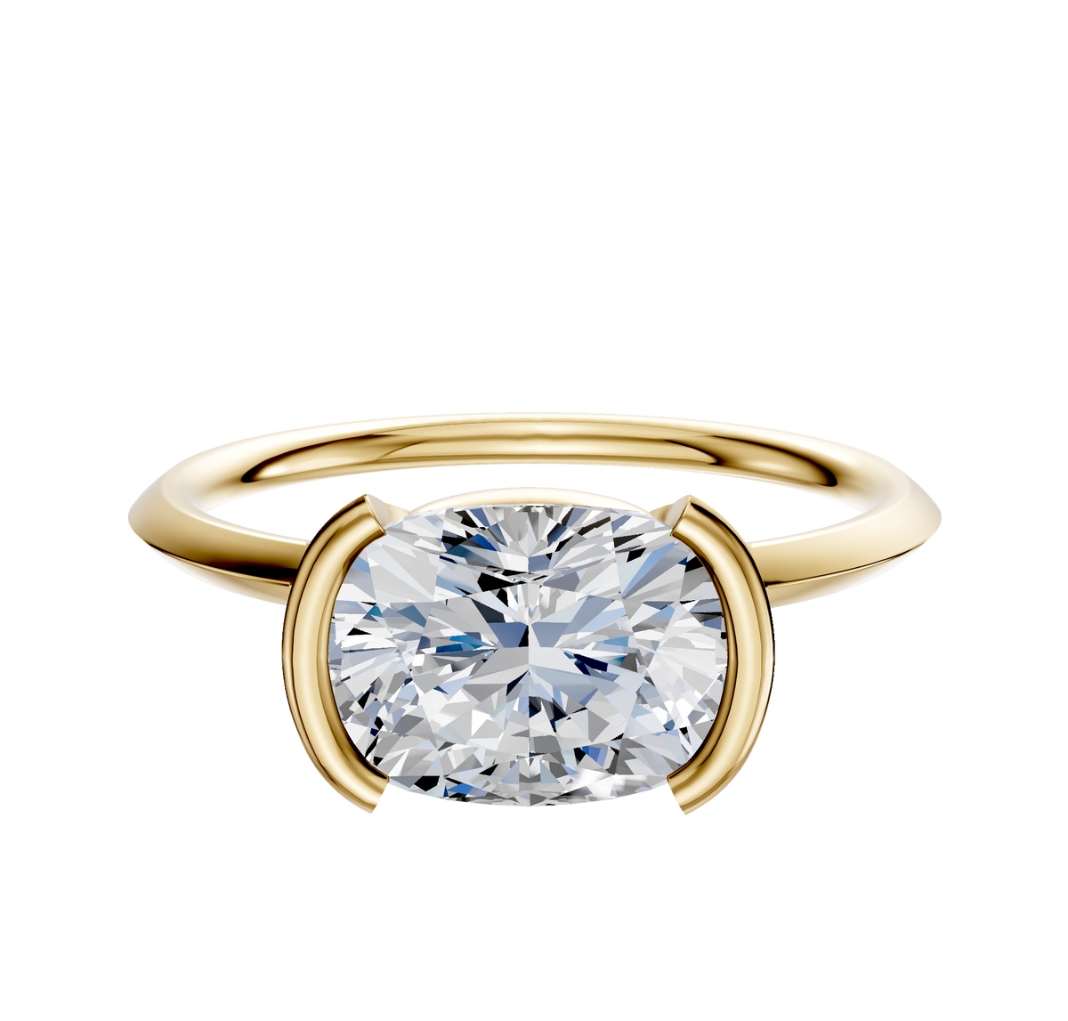 A 14K yellow gold bezel half bezel east/west classic knife edge 1.5mm engagement ring is shown against a plain white background.