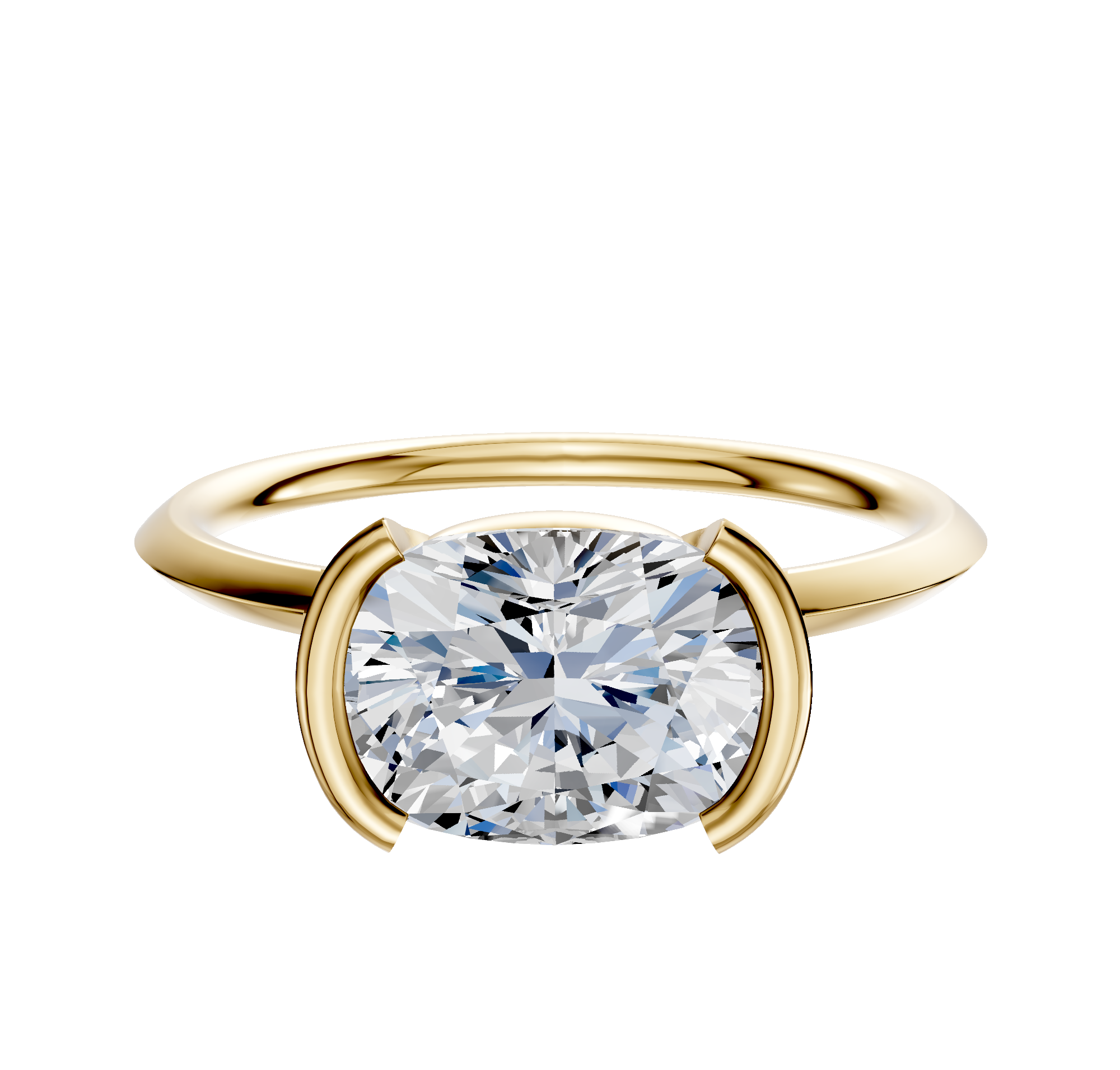 An 18K yellow gold bezel half bezel east/west classic knife edge 1.5mm engagement ring is shown on a plain white background.