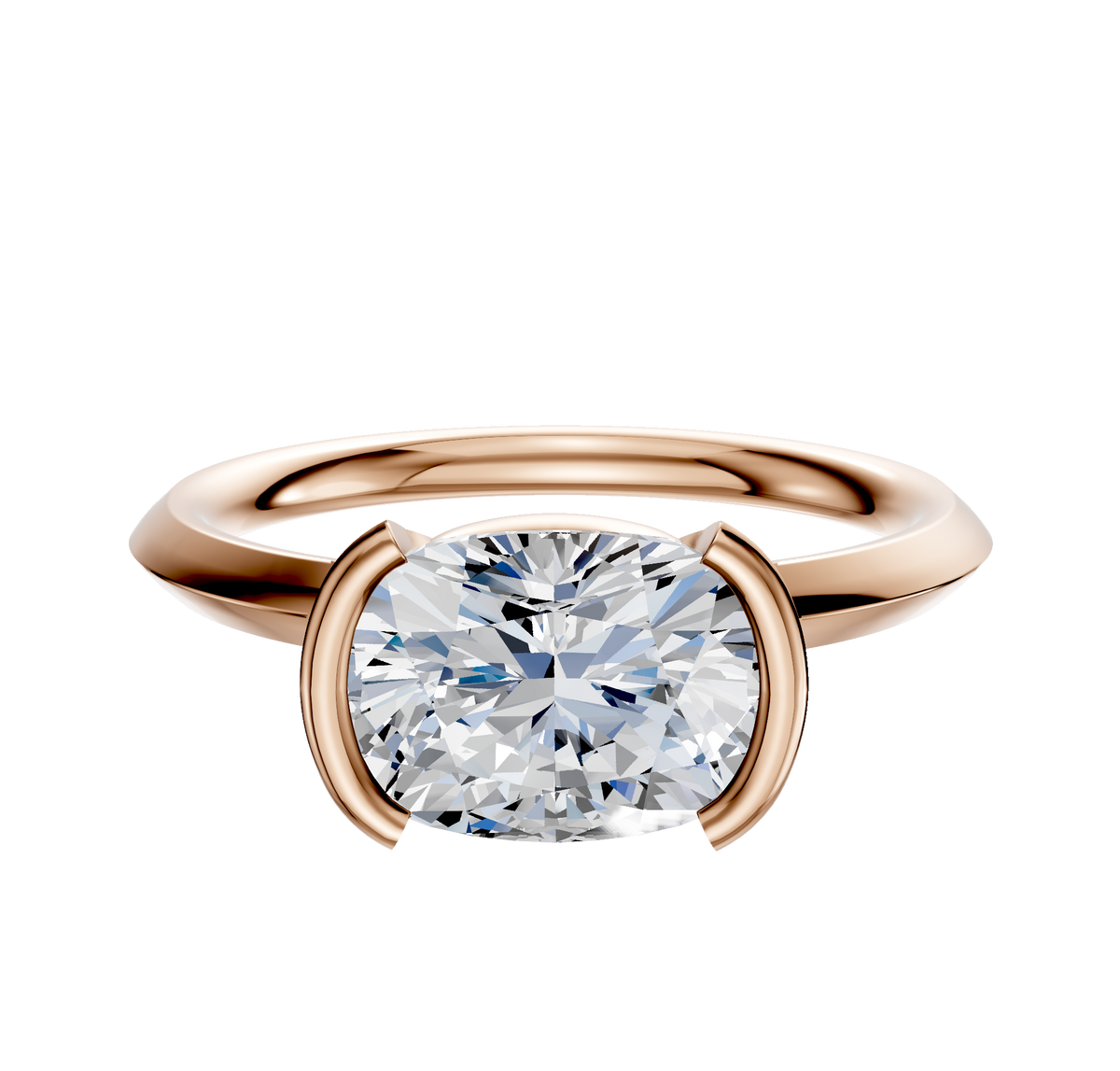The 14K Rose Gold Bezel Half Bezel East/West Classic Knife Edge 2.0mm Engagement Ring features a large round diamond in a modern bezel with crescent prongs, shown against a simple white background.