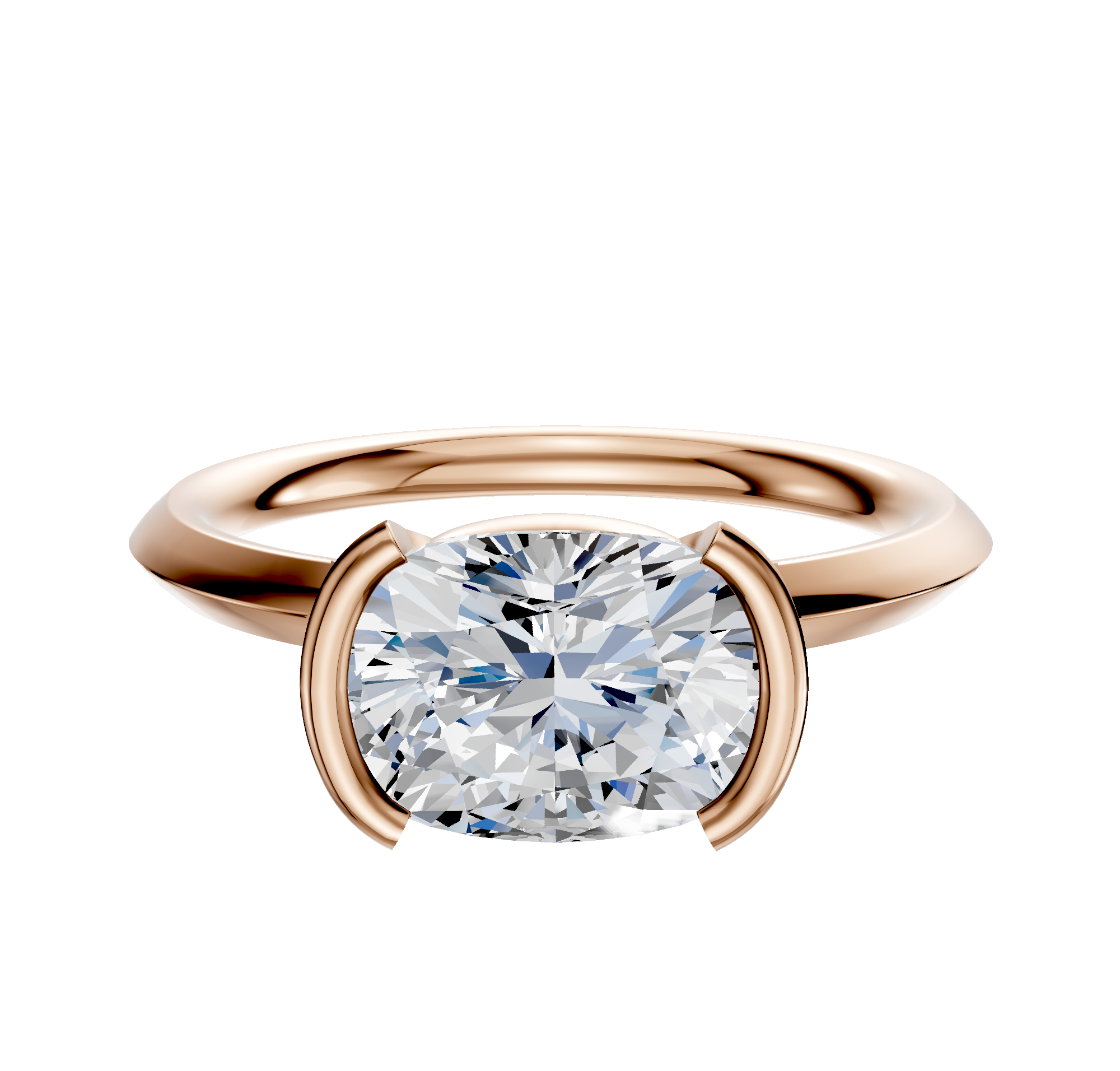 An 18K rose gold half bezel east/west classic knife edge 2.0mm engagement ring is shown with a large, round brilliant-cut diamond in a modern minimalist setting against a plain white background.