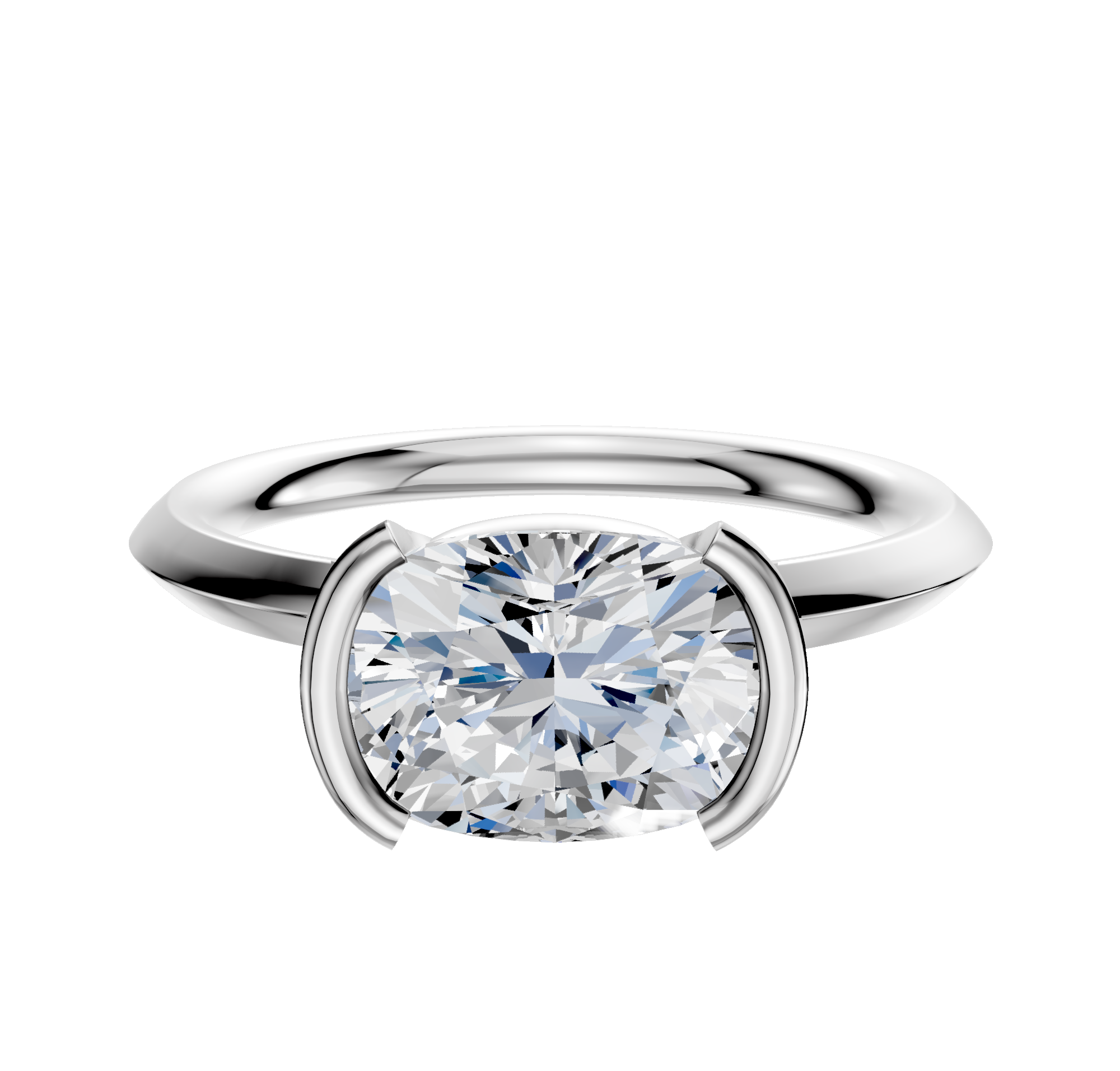 A Platinum Bezel Half Bezel East/West Classic Knife Edge 2.0mm Engagement Ring featuring a large, round diamond set in a modern, minimalist setting against a white background.