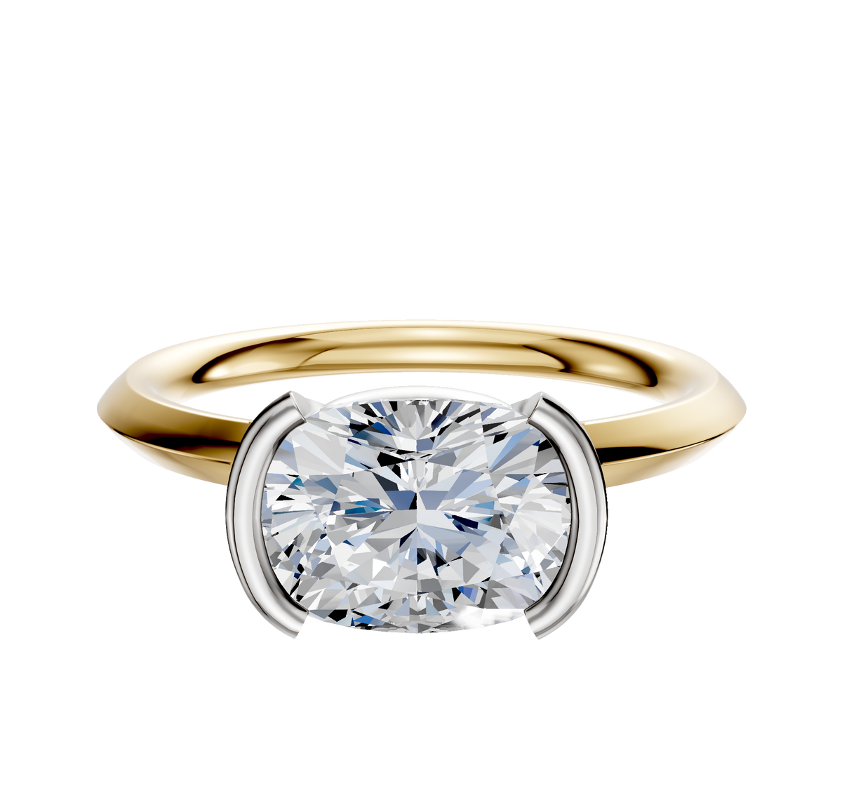 A 14K two-tone engagement ring featuring a half bezel east/west classic knife edge 2.0mm band, displayed against a plain white background.