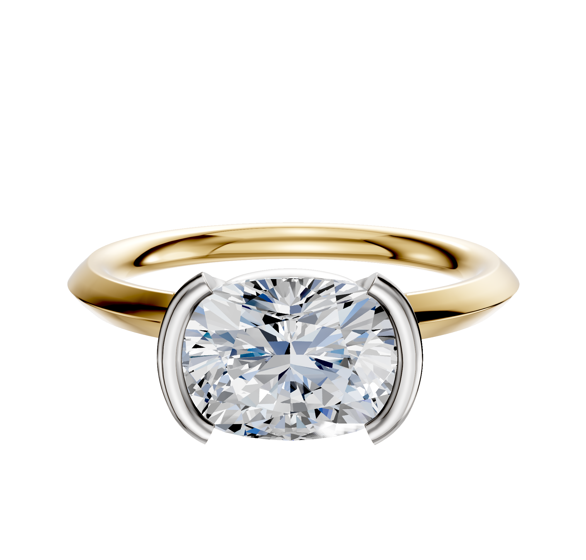 A 14K two-tone engagement ring featuring a half bezel east/west classic knife edge 2.0mm band, displayed against a plain white background.