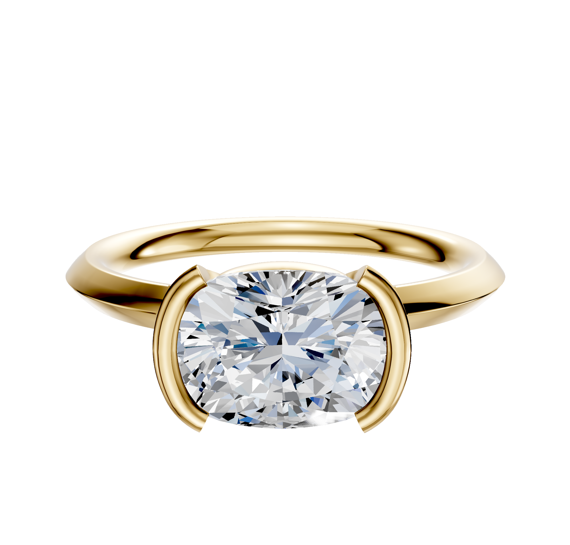 The 14K Yellow Gold Bezel Half Bezel East/West Classic Knife Edge 2.0mm Engagement Ring features a modern setting with a round cushion-cut diamond, presented against a plain white background.