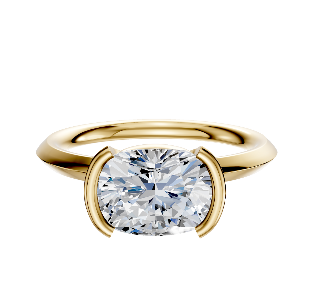 The 18K Yellow Gold Bezel Half Bezel East/West Classic Knife Edge 2.0mm Engagement Ring features a sparkling round diamond in a modern half bezel setting with a smooth, polished band highlighting the center stone.