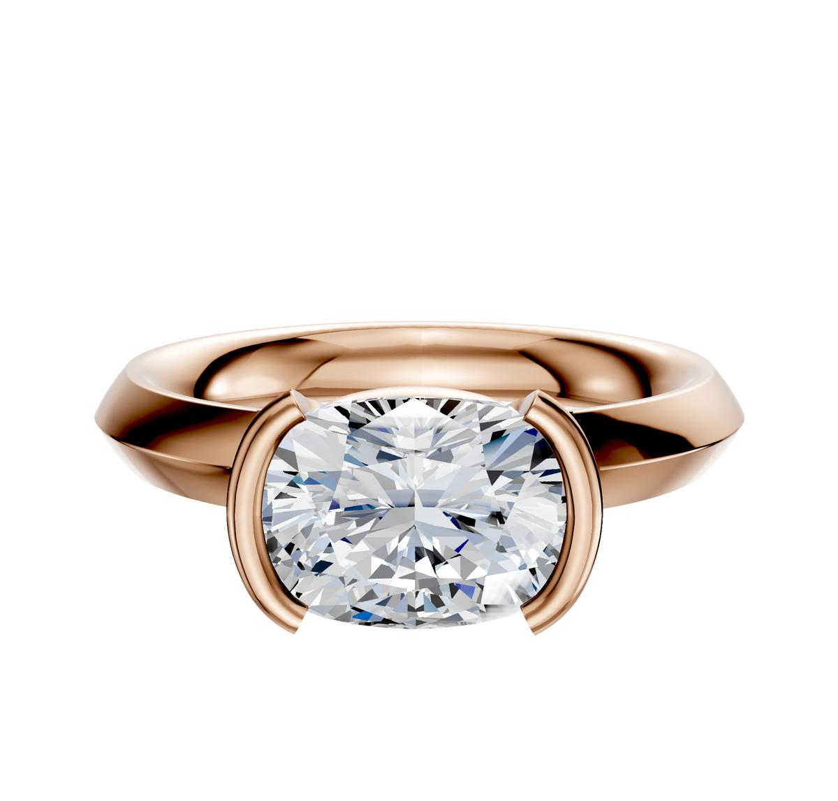 An 18K rose gold bezel half bezel east/west classic knife edge 3.0mm engagement ring is shown, featuring a modern setting on a plain white background.