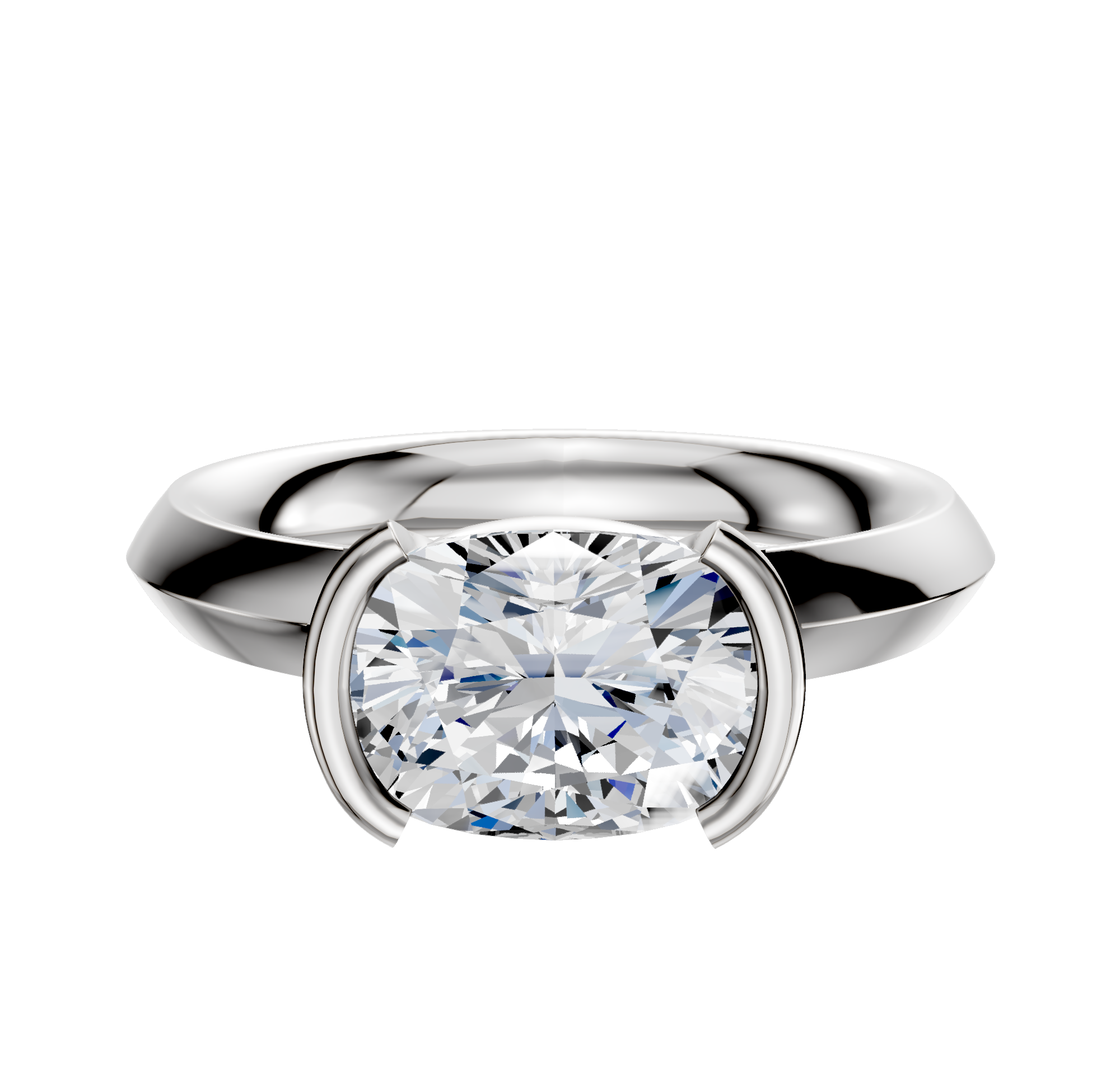 A 14K white gold bezel half bezel east/west classic knife edge 3.0mm engagement ring is displayed against a plain white background, featuring a modern horizontal setting.