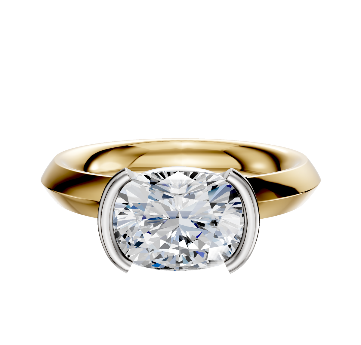 A 14K two tone engagement ring with a classic knife edge 3.0mm band and east/west half bezel setting, showcased on a plain white background.