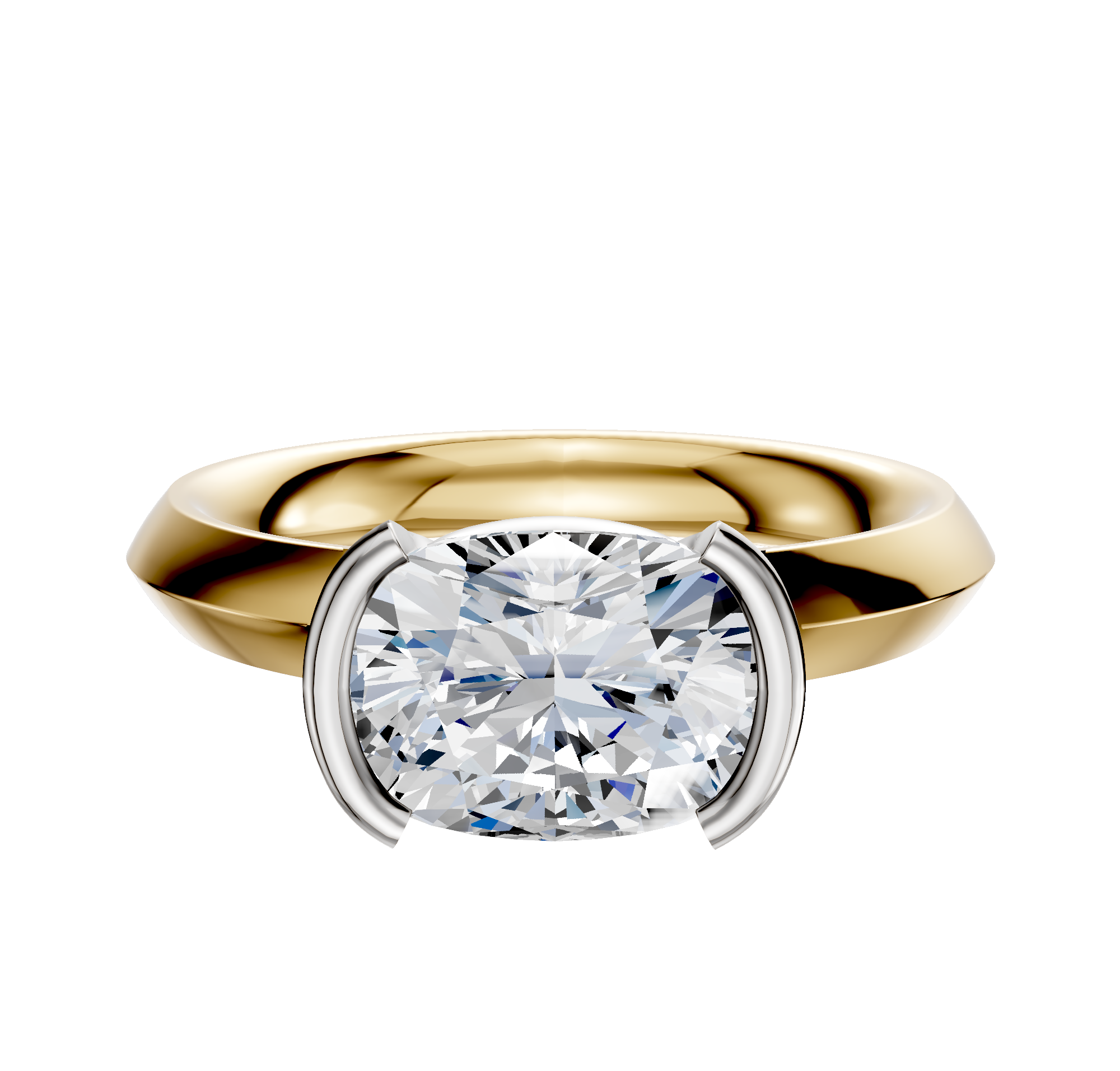 A 14K two tone engagement ring with a classic knife edge 3.0mm band and east/west half bezel setting, showcased on a plain white background.