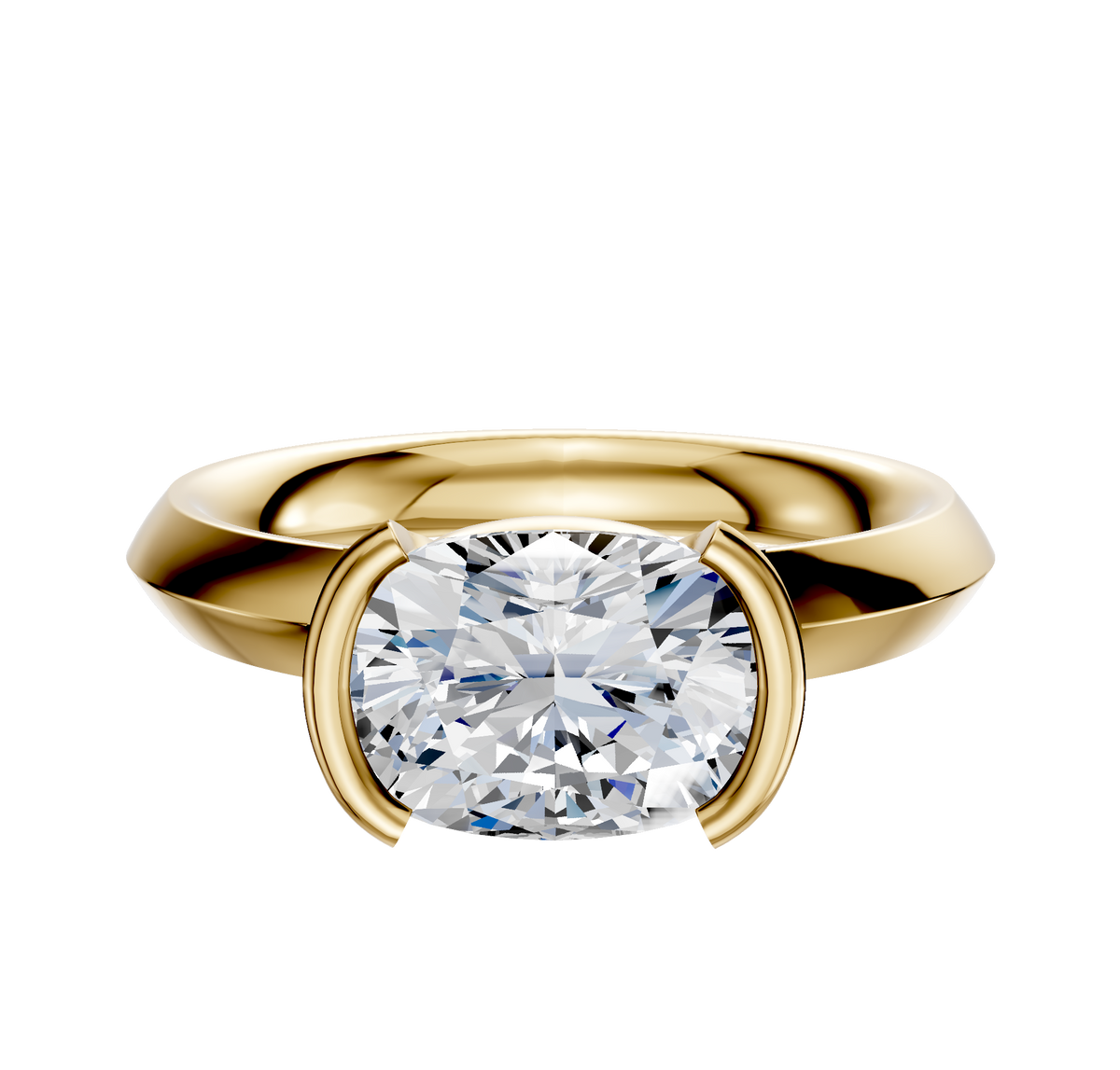 An 18K yellow gold Bezel Half Bezel East/West Classic Knife Edge 3.0mm engagement ring is showcased with a modern, minimalist setting, displayed on a plain white background.