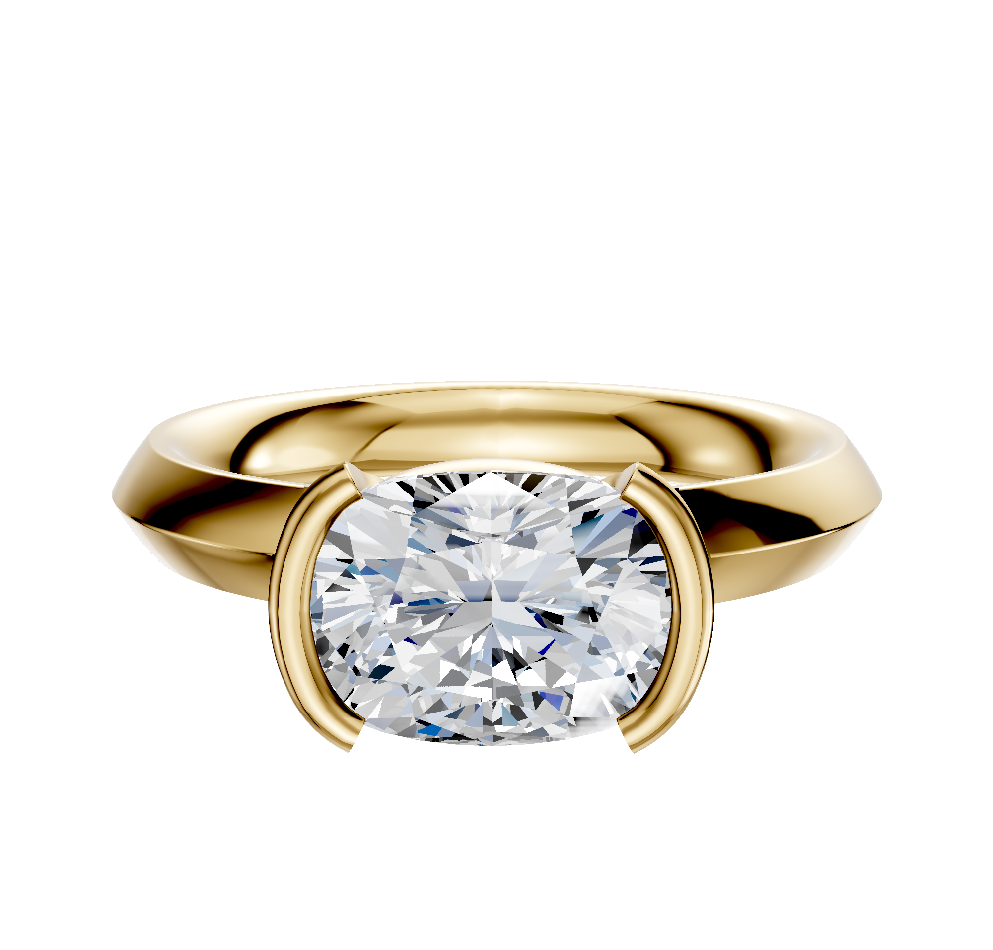 An 18K yellow gold Bezel Half Bezel East/West Classic Knife Edge 3.0mm engagement ring is showcased with a modern, minimalist setting, displayed on a plain white background.