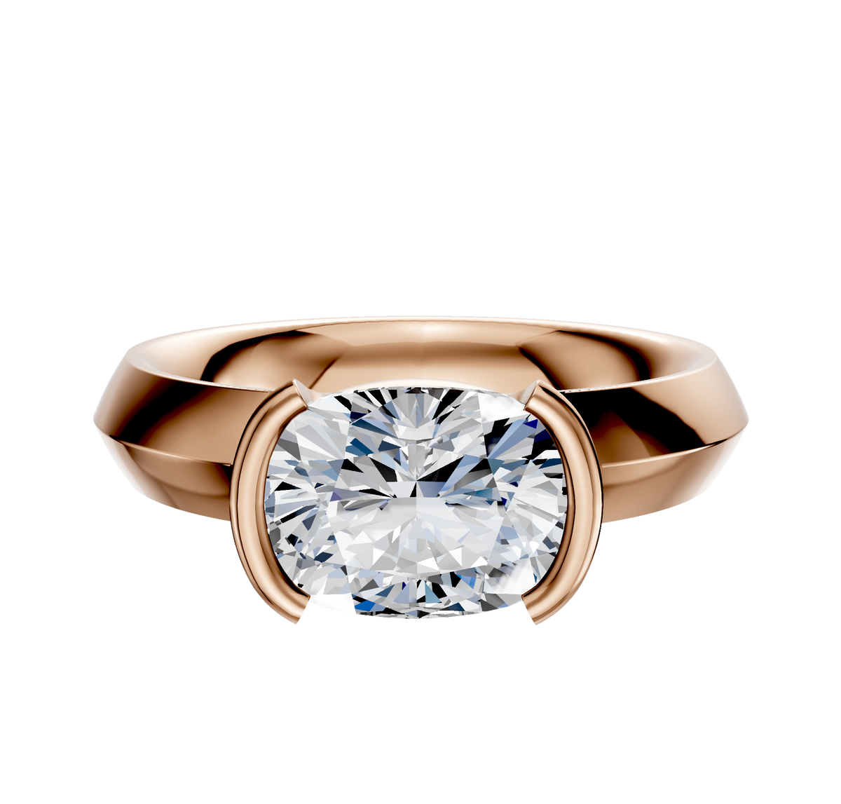 The 14K Rose Gold Bezel Half Bezel East/West Classic Knife Edge 4.0mm Engagement Ring features a modern design, showcasing a sleek setting and displayed against a plain white background.