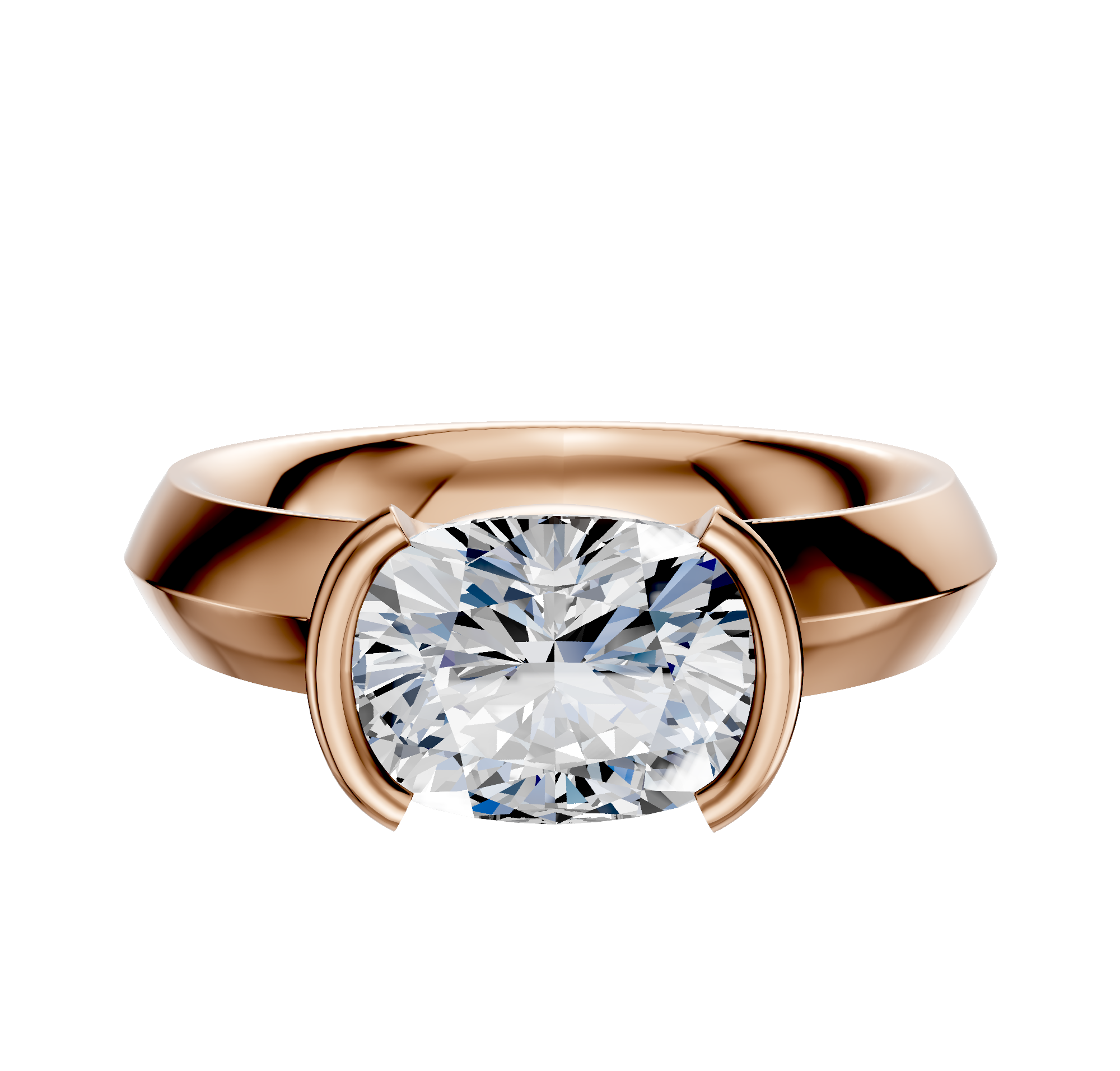 The 14K Rose Gold Bezel Half Bezel East/West Classic Knife Edge 4.0mm Engagement Ring features a modern design, showcasing a sleek setting and displayed against a plain white background.