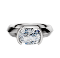 A 14K white gold bezel half bezel East/West classic knife edge engagement ring featuring a 4.0mm cushion-cut clear gemstone in a modern, minimalist setting against a plain white background.