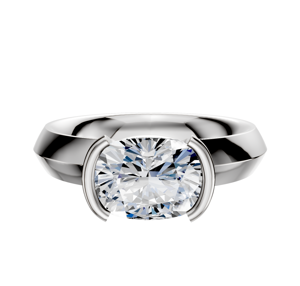 A 14K white gold bezel half bezel East/West classic knife edge engagement ring featuring a 4.0mm cushion-cut clear gemstone in a modern, minimalist setting against a plain white background.