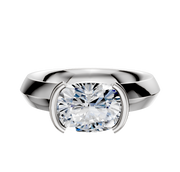 A 14K white gold bezel half bezel East/West classic knife edge engagement ring featuring a 4.0mm cushion-cut clear gemstone in a modern, minimalist setting against a plain white background.