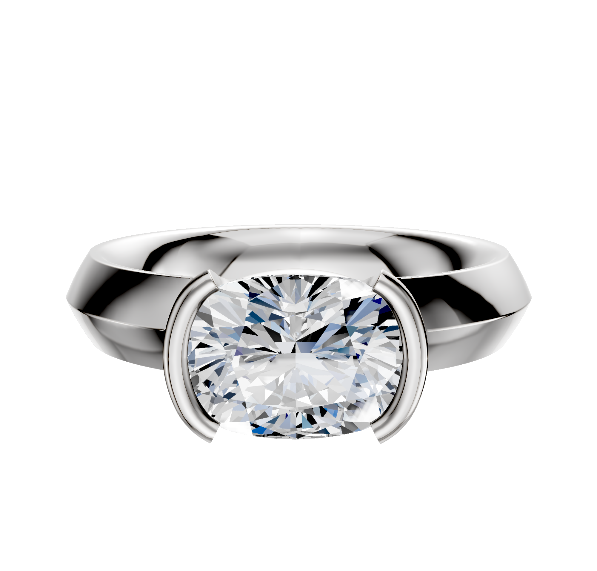 A Platinum Bezel Half Bezel East/West Classic Knife Edge 4.0mm Engagement Ring with a thick band and a large round faceted diamond set in a modern four-prong setting, shown against a plain white background.