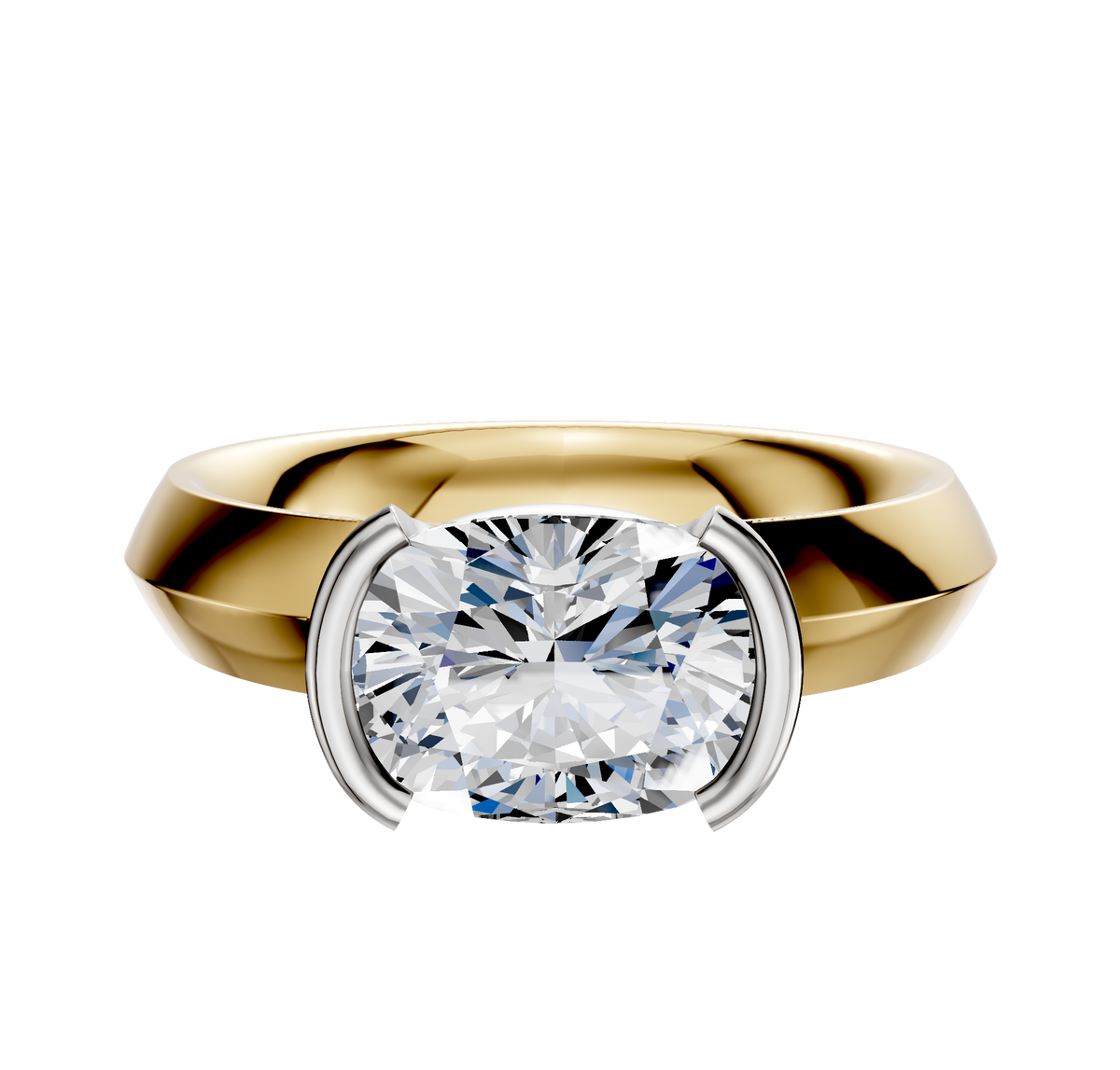 A 14K two-tone engagement ring with a wide knife-edge band and a 4.0mm gemstone in a modern half bezel east/west setting, displayed on a plain white background.