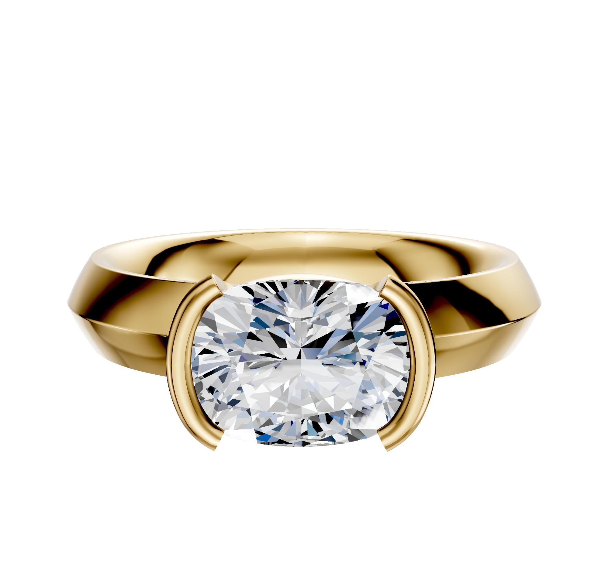 An 18K yellow gold East/West classic knife edge engagement ring with a 4.0mm diamond in a half bezel setting, displayed against a plain white background.