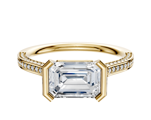 14K Yellow Gold Bezel Half Bezel East/West Cathedral Flat 3-Row-Pave 2.0mm Engagement Ring