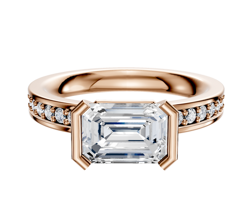 14K Rose Gold Bezel Half Bezel East/West Classic Flat 1-Row-Pave 2.5mm Engagement Ring