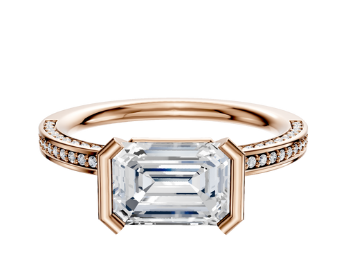 14K Rose Gold Bezel Half Bezel East/West Classic Flat 3-Row-Pave 2.0mm Engagement Ring