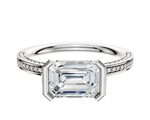 18K Two Tone Bezel Half Bezel East/West Classic Flat 3-Row-Pave 2.0mm Engagement Ring