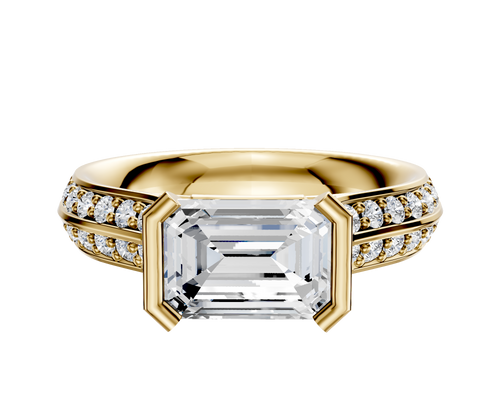 18K Yellow Gold Bezel Half Bezel East/West Cathedral Knife Edge 1-Row-Pave 2.5mm Engagement Ring