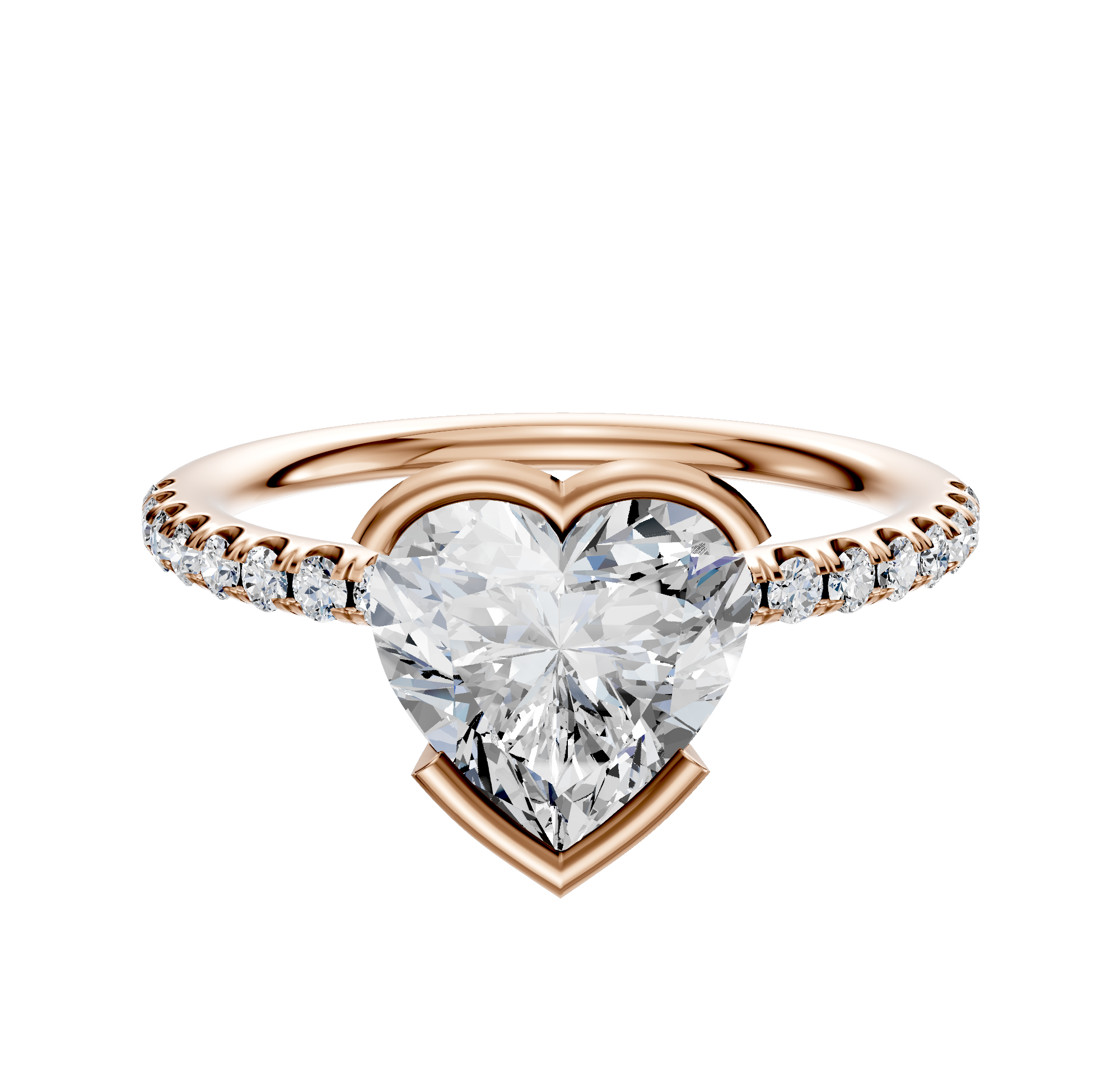 14K rose gold engagement ring with a classic dome and half bezel east/west design, featuring a 2.5mm band accented by a single row of pavé diamonds, shown on a white background.