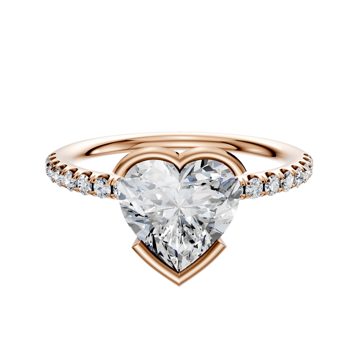 An 18K rose gold dome engagement ring featuring an east/west half bezel design with a single row of pave diamonds (2.5mm), creating a sparkling, elegant look.