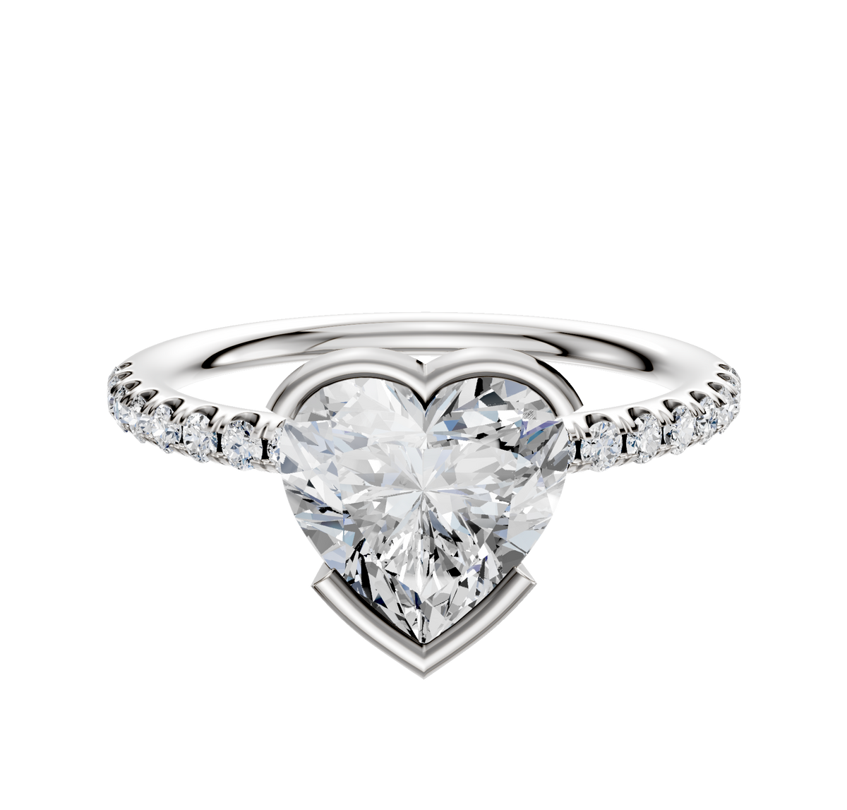 The Platinum Bezel Half Bezel East/West Classic Dome 1-Row-Pave 2.5mm Engagement Ring showcases a central diamond with a row of sparkling pavé-set diamonds along the band, displayed on a plain white background.