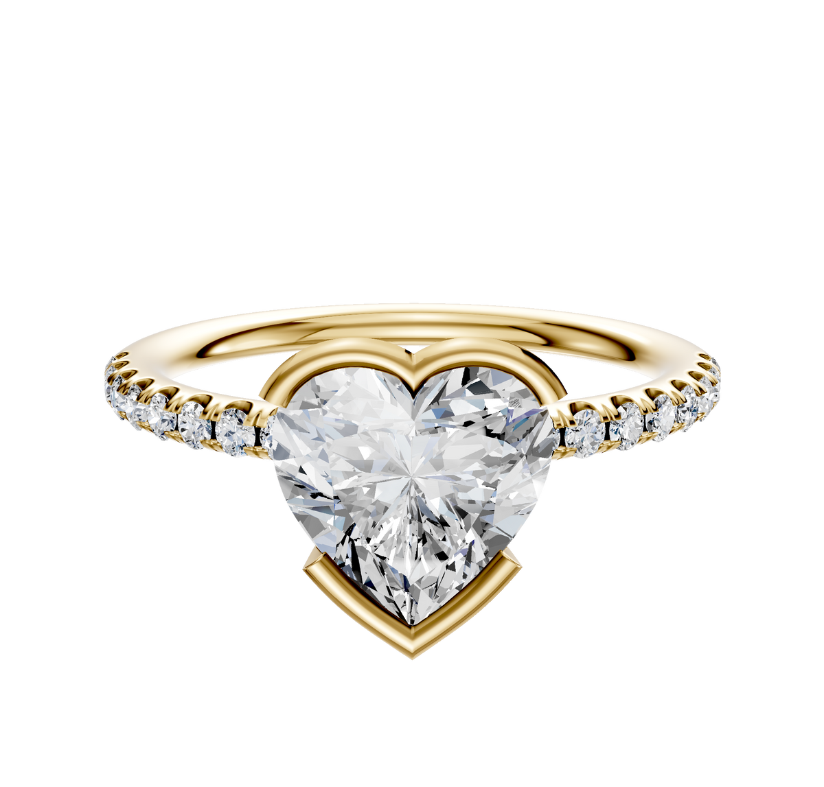 An 18K yellow gold Bezel Half Bezel East/West Classic Dome engagement ring with a 2.5mm band and a single row of pave diamonds, shown against a plain white background.