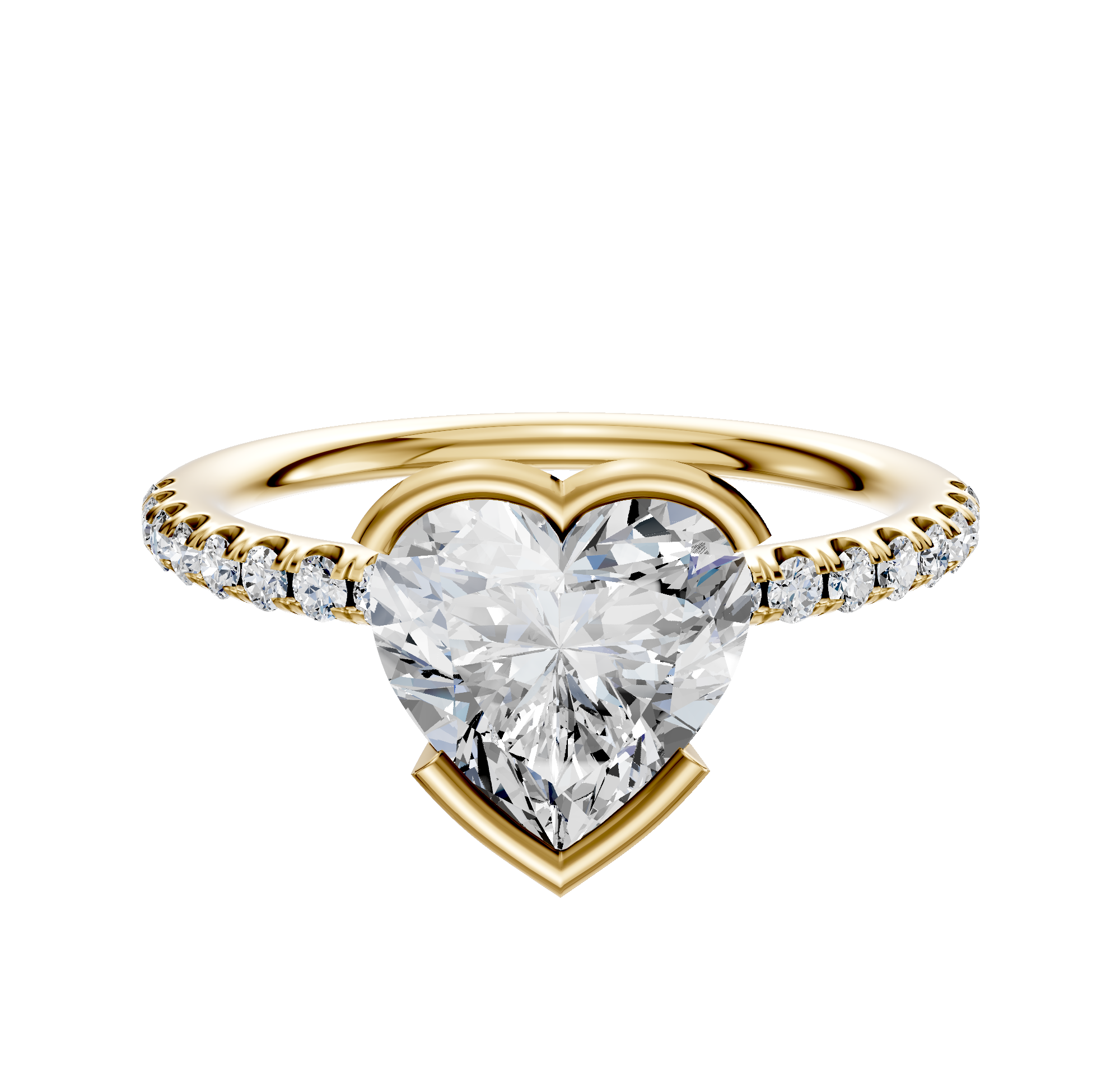 An 18K yellow gold Bezel Half Bezel East/West Classic Dome engagement ring with a 2.5mm band and a single row of pave diamonds, shown against a plain white background.